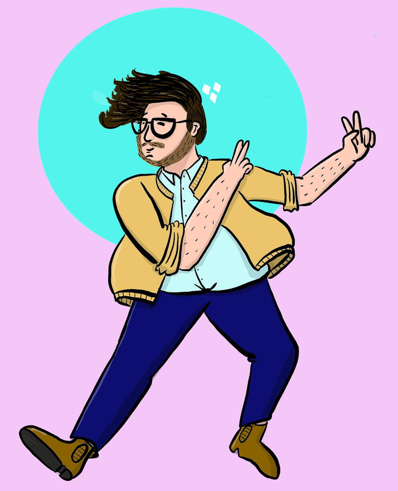 A cartoon of Sam Schafer looking handsome as heck and pulling some sick dance moves, as always.